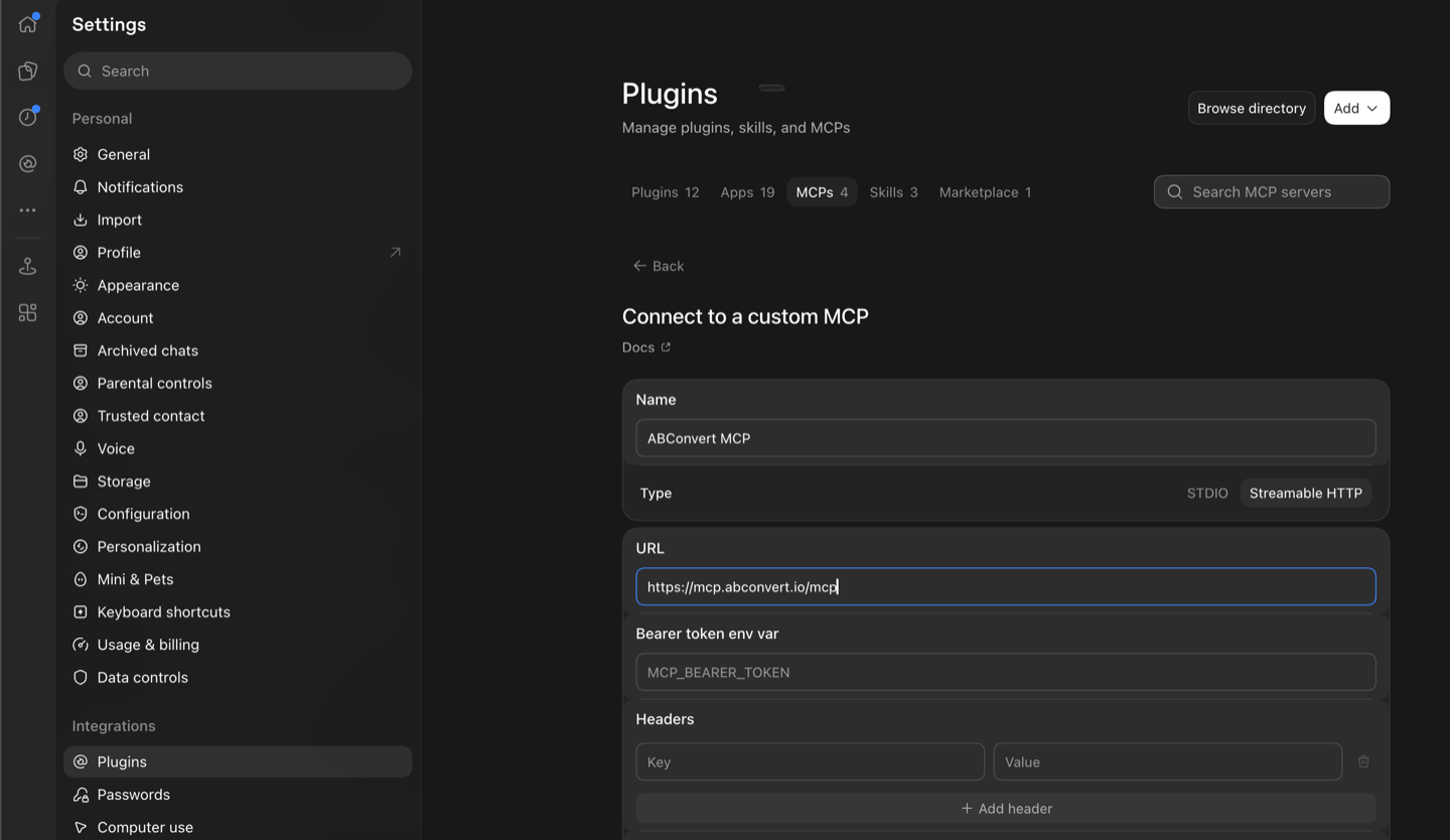 Custom MCP form with ABConvert MCP name, Streamable HTTP type, and https://mcp.abconvert.io/mcp URL