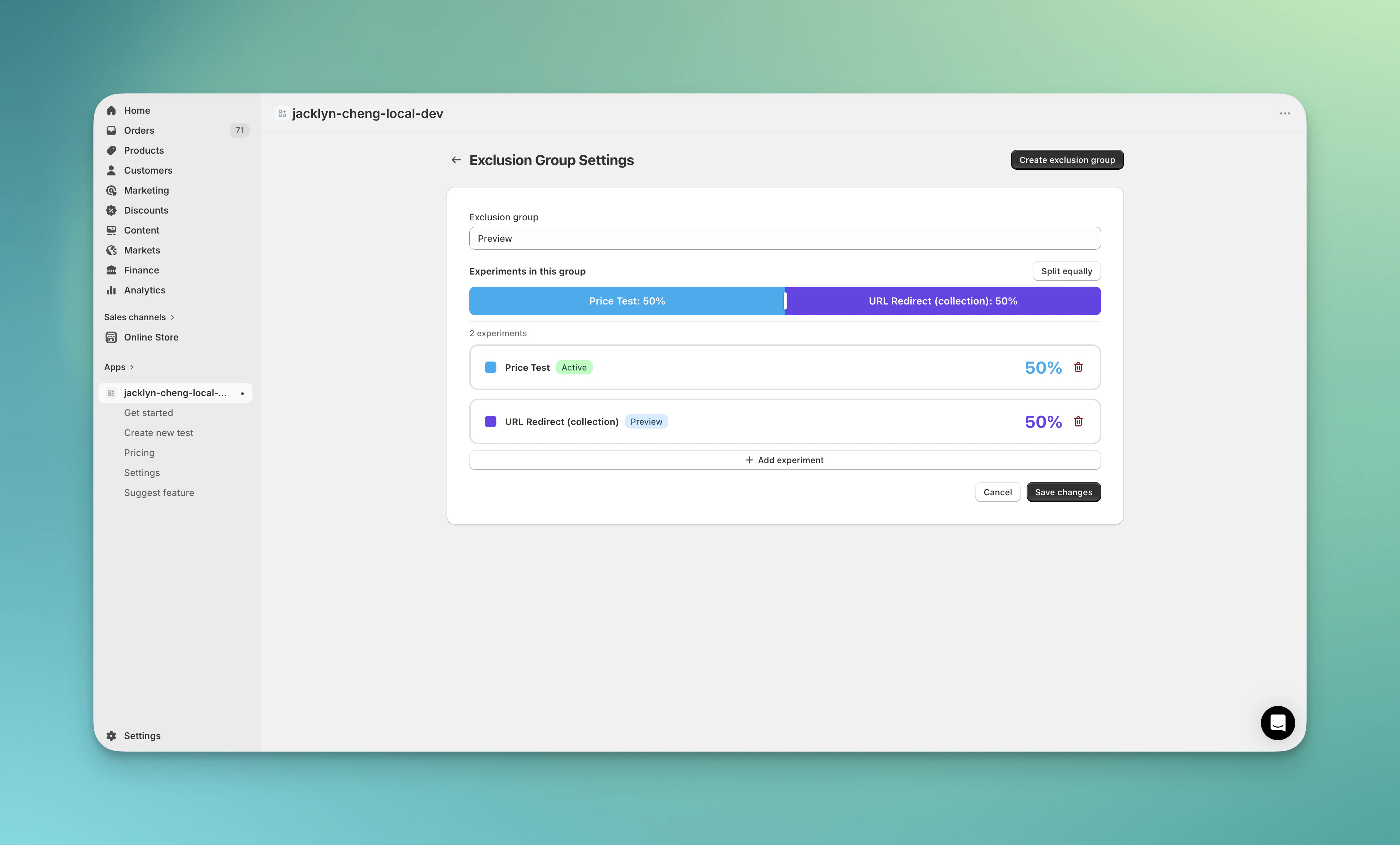 ABConvert Settings page where merchants can create, edit, and delete exclusion groups