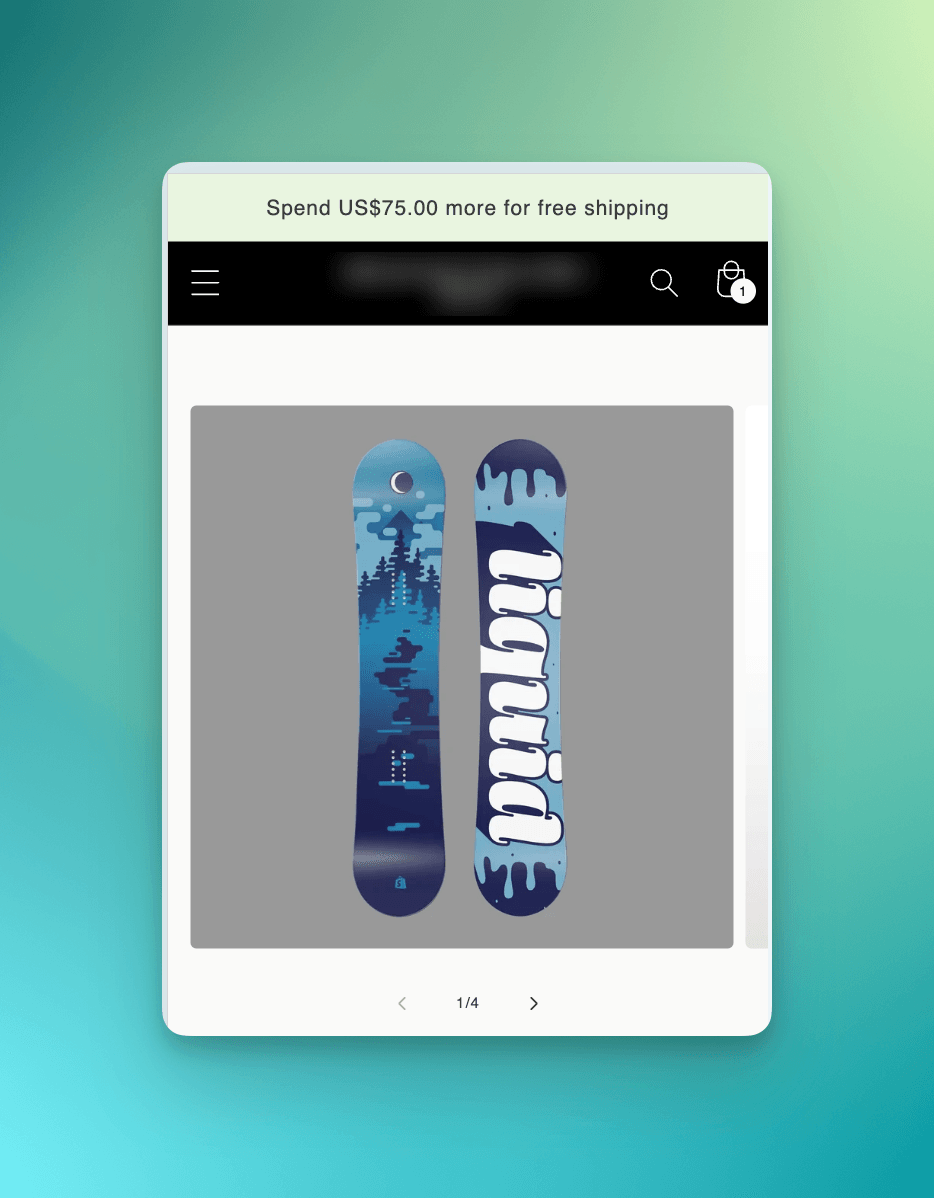 A mobile product page for a blue snowboard. A pale green bar above the store header reads Spend US$75.00 more for free shipping.
