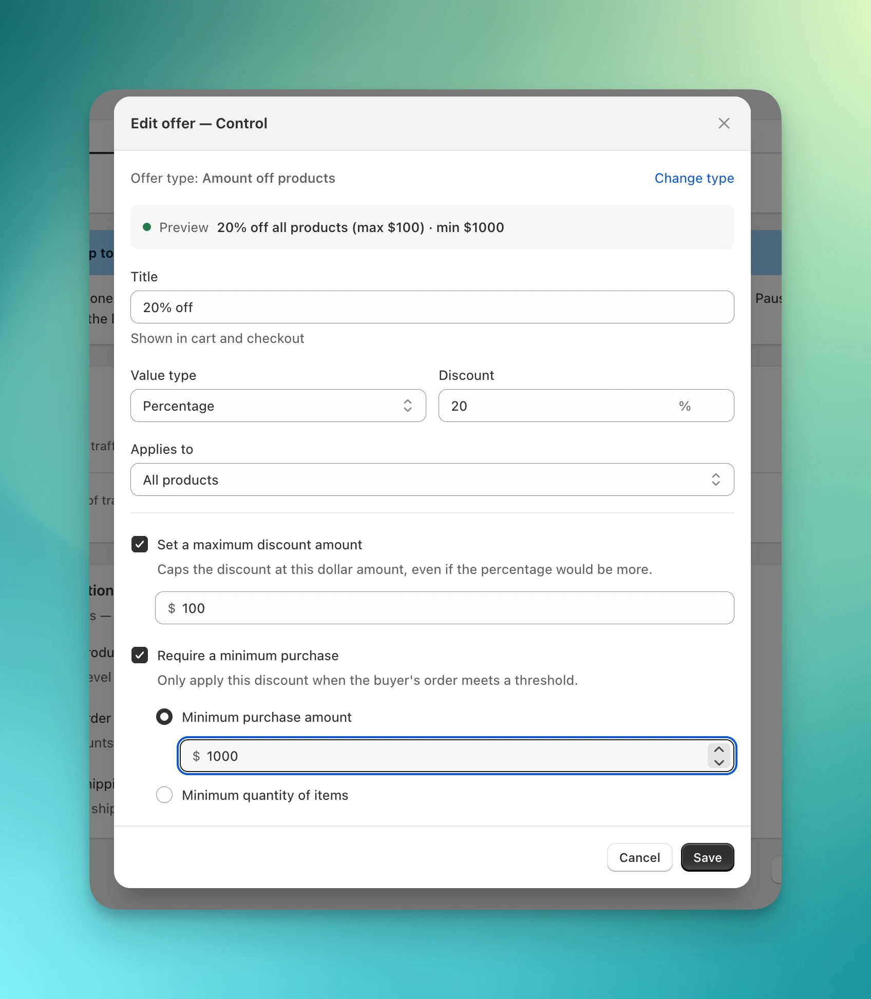 Amount off products offer configuration