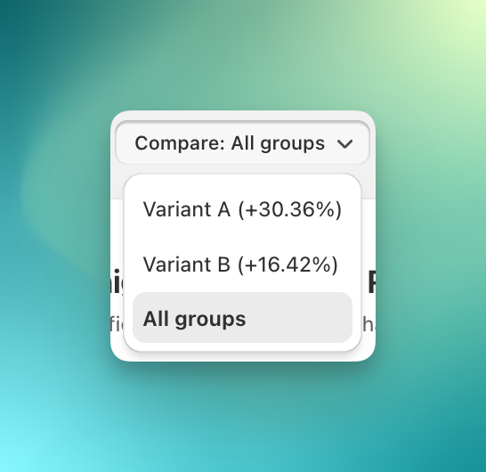 Compare dropdown open with Variant A, Variant B, and All groups options