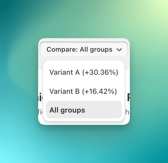 Compare dropdown open with Variant A, Variant B, and All groups options