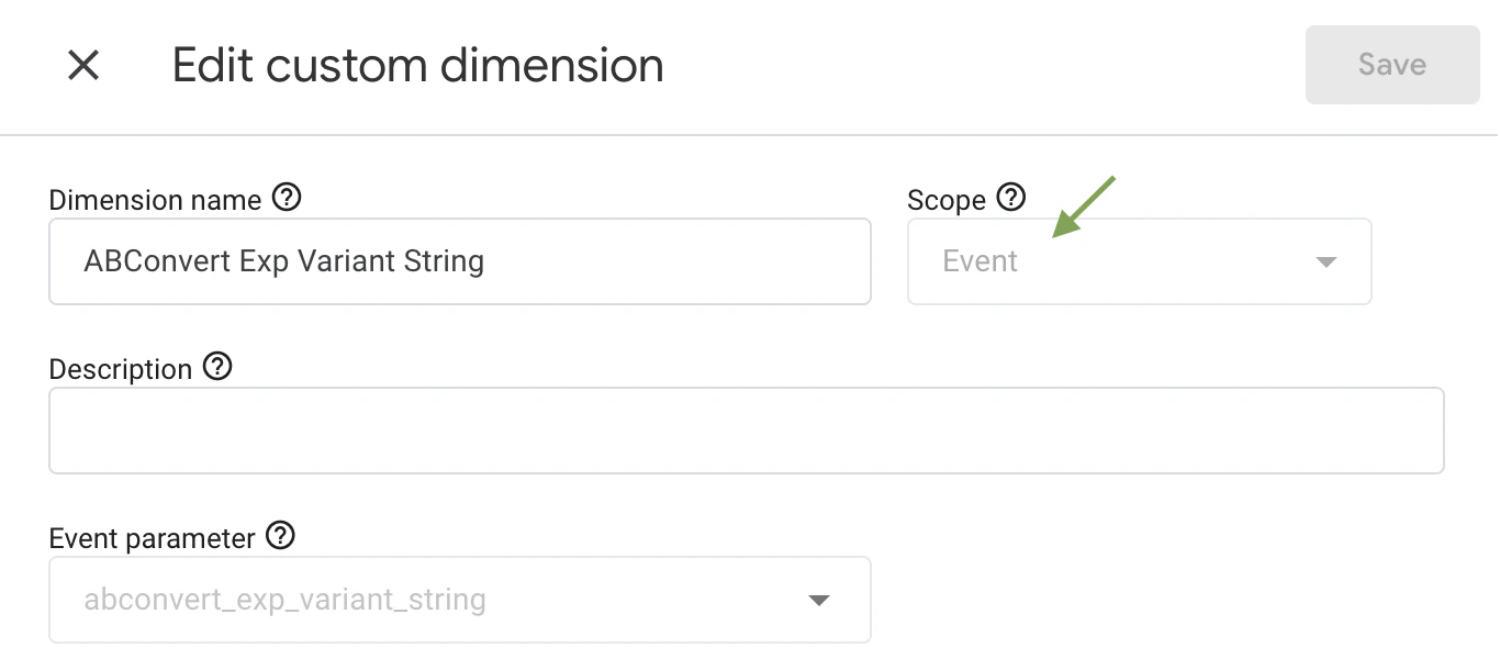 GA4 edit custom dimension dialog showing scope set to Event and event parameter field for an ABConvert parameter