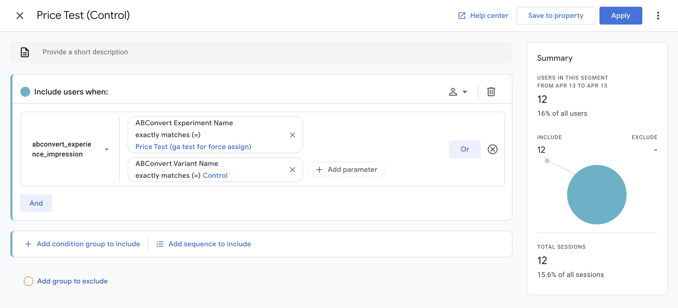 GA4 user segment condition builder filtering abconvert_experience_impression by ABConvert experiment and variant fields