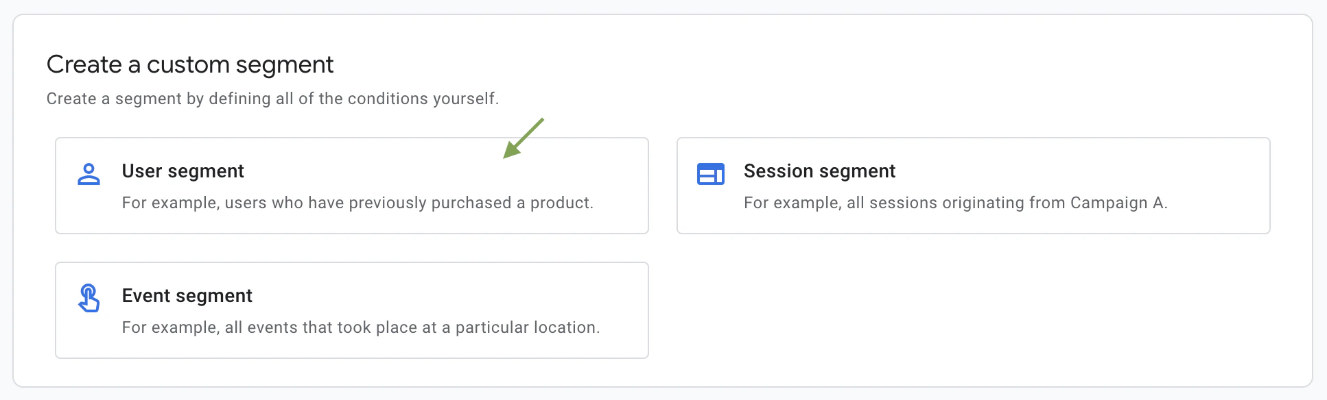 GA4 custom segment setup screen with User segment selected as the segment type