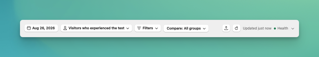 Toolbar with the date range, the measurement view selector showing Visitors who experienced the test, Filters, and Compare controls on the left, and export, refresh, last updated time, and Health on the right