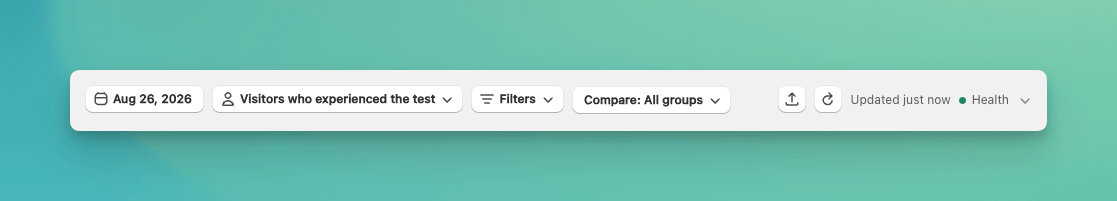 Toolbar with the date range, the measurement view selector showing Visitors who experienced the test, Filters, and Compare controls on the left, and export, refresh, last updated time, and Health on the right