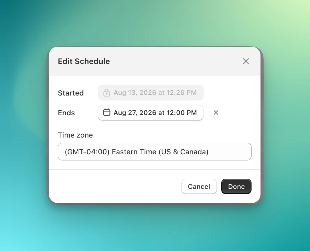 Schedule dialog on a running test, with the started time locked and only the end time editable