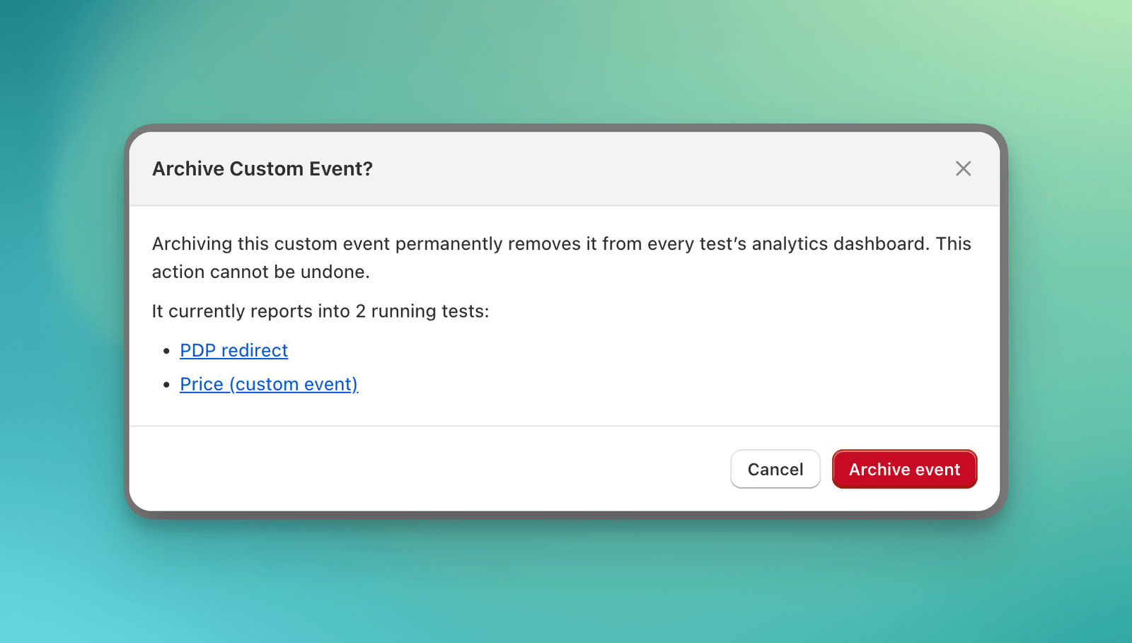 Archive custom event warning listing two running tests that currently report the event