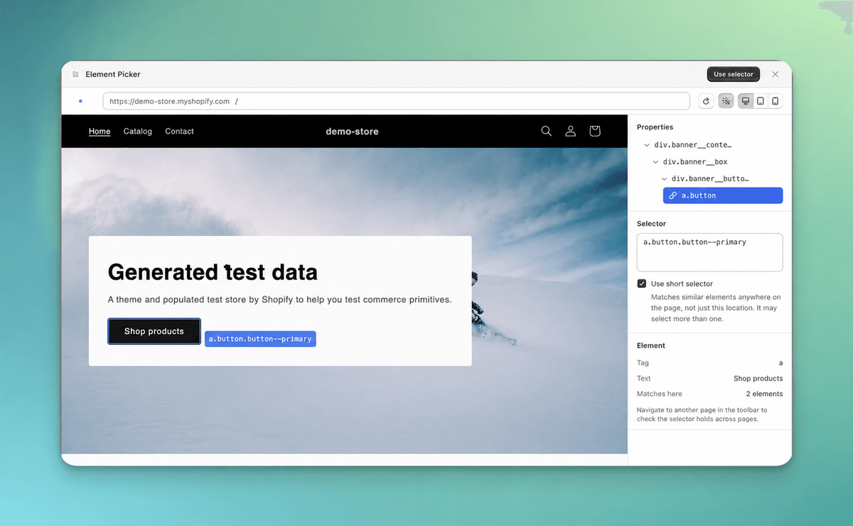 Element Picker highlighting a Shop products button and showing its CSS selector, short selector option, and two matching elements