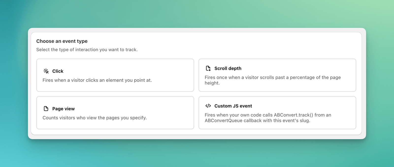 Create event dialog with Click, Scroll depth, Page view, and Custom JS event options
