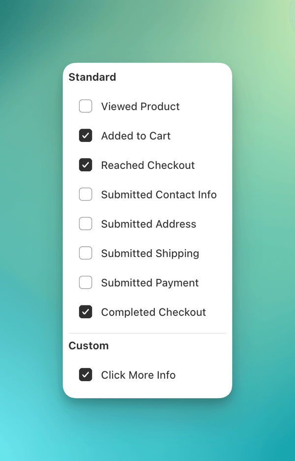 Funnel step list with standard events and Click More Info selected under Custom