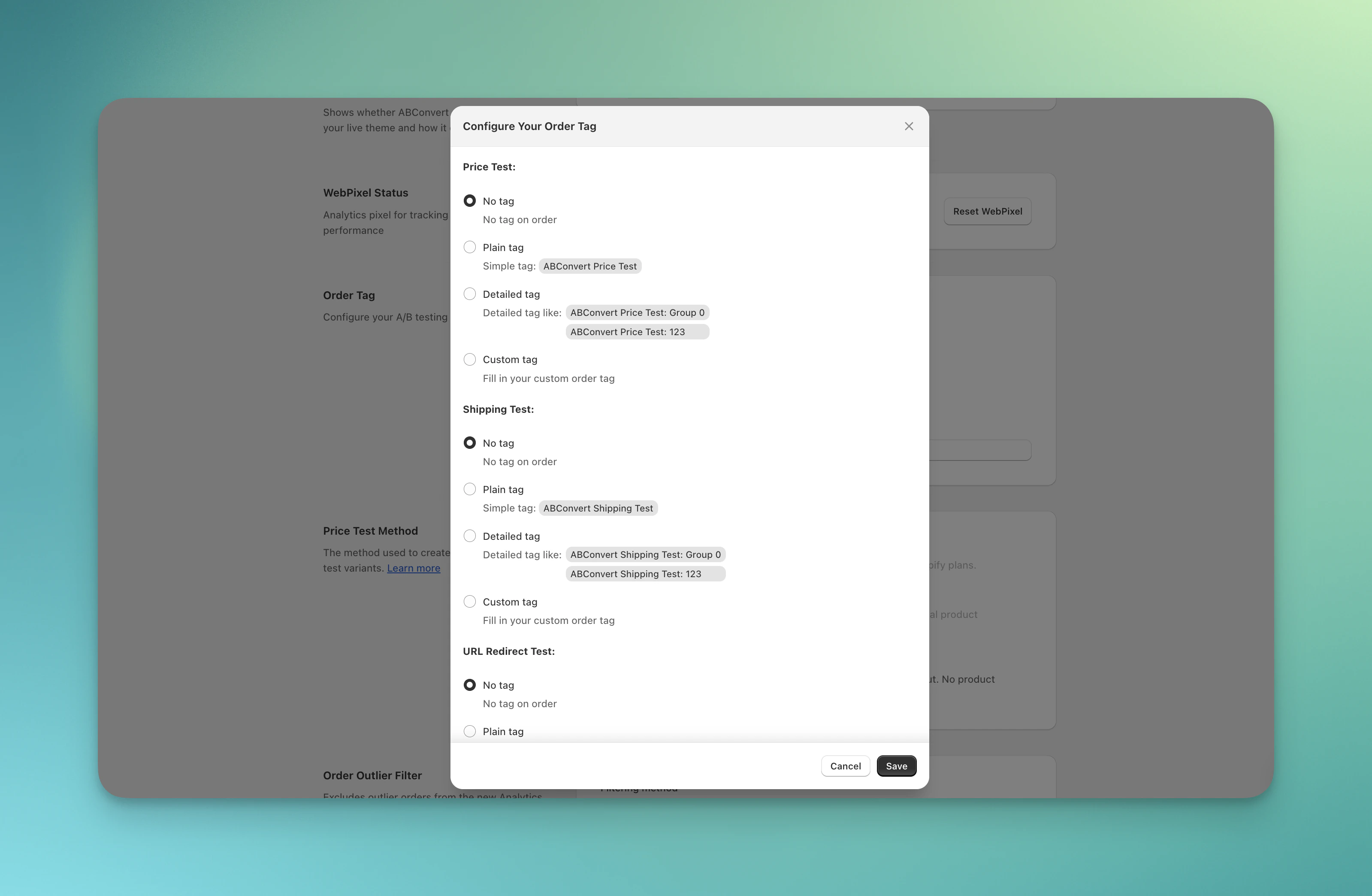 Order tags configuration
