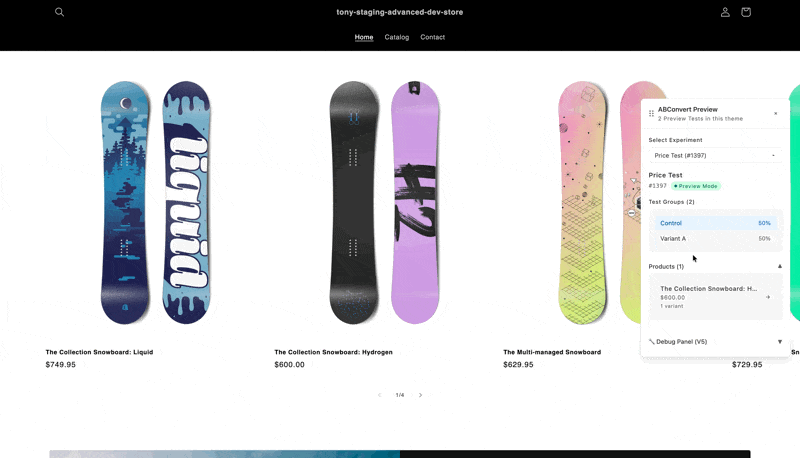 Storefront in preview mode with the ABConvert preview widget open