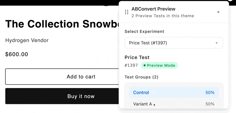 Preview widget variant switcher toggling between Control and Variant A