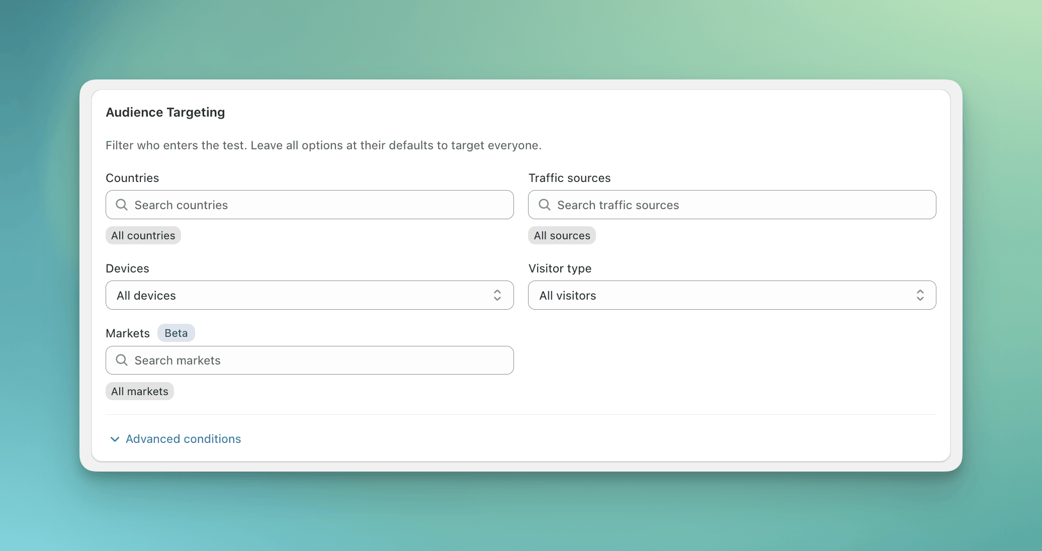 Audience Targeting card with country, traffic source, device, and visitor type