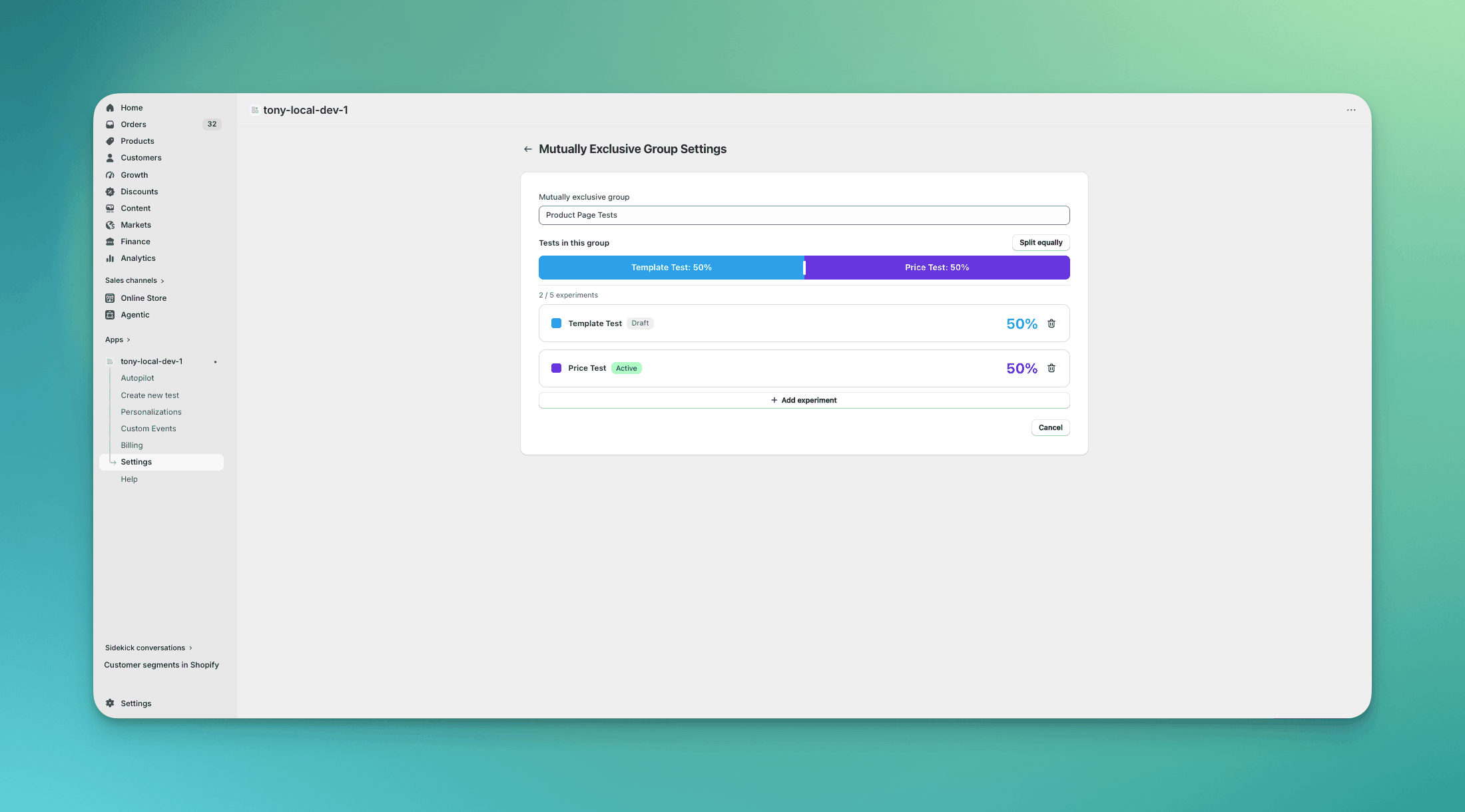 Mutually Exclusive Group Settings page editing a group with two tests