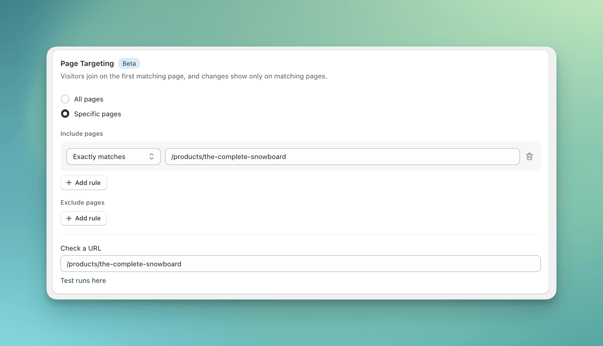 Page Targeting card in the Targeting step