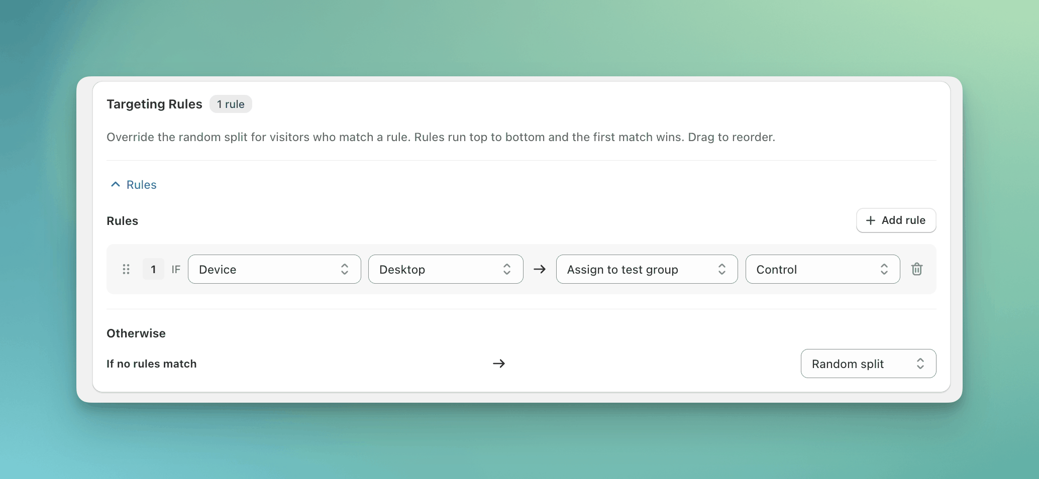 Targeting rules panel with assign, random split, and exclude actions