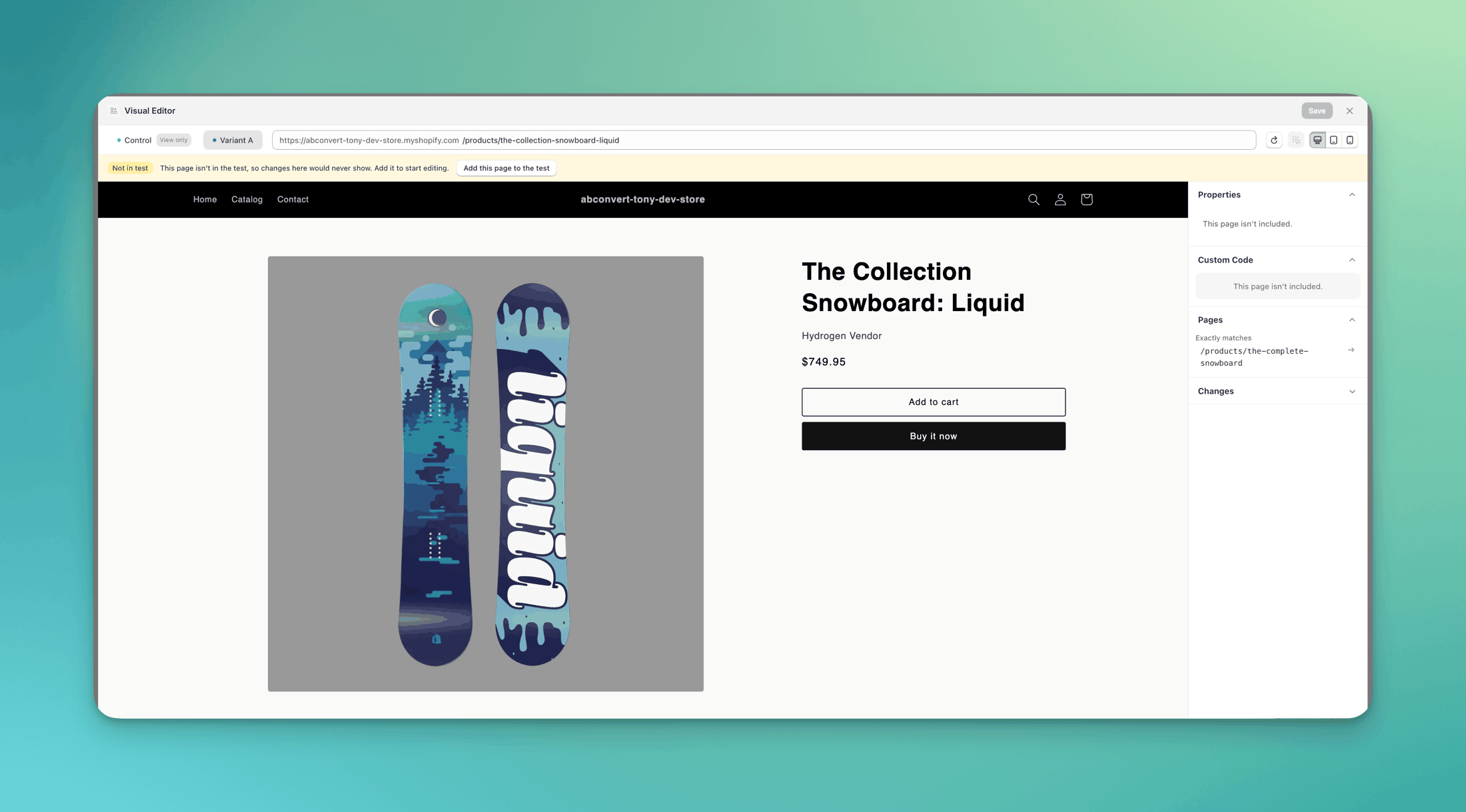 Visual editor banner on a page outside the test