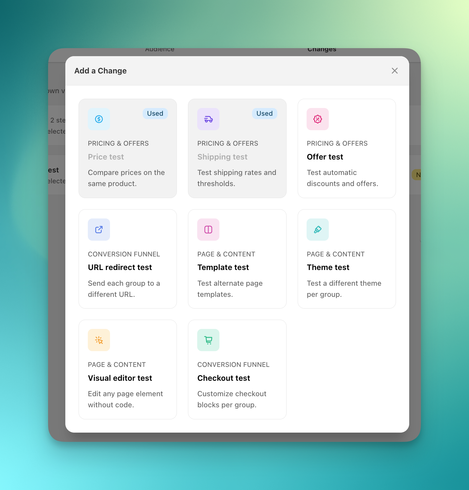 Adding a second change from the test type picker