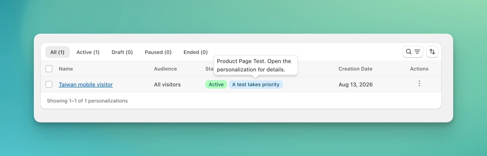 "A test takes priority" badge next to the personalization's status