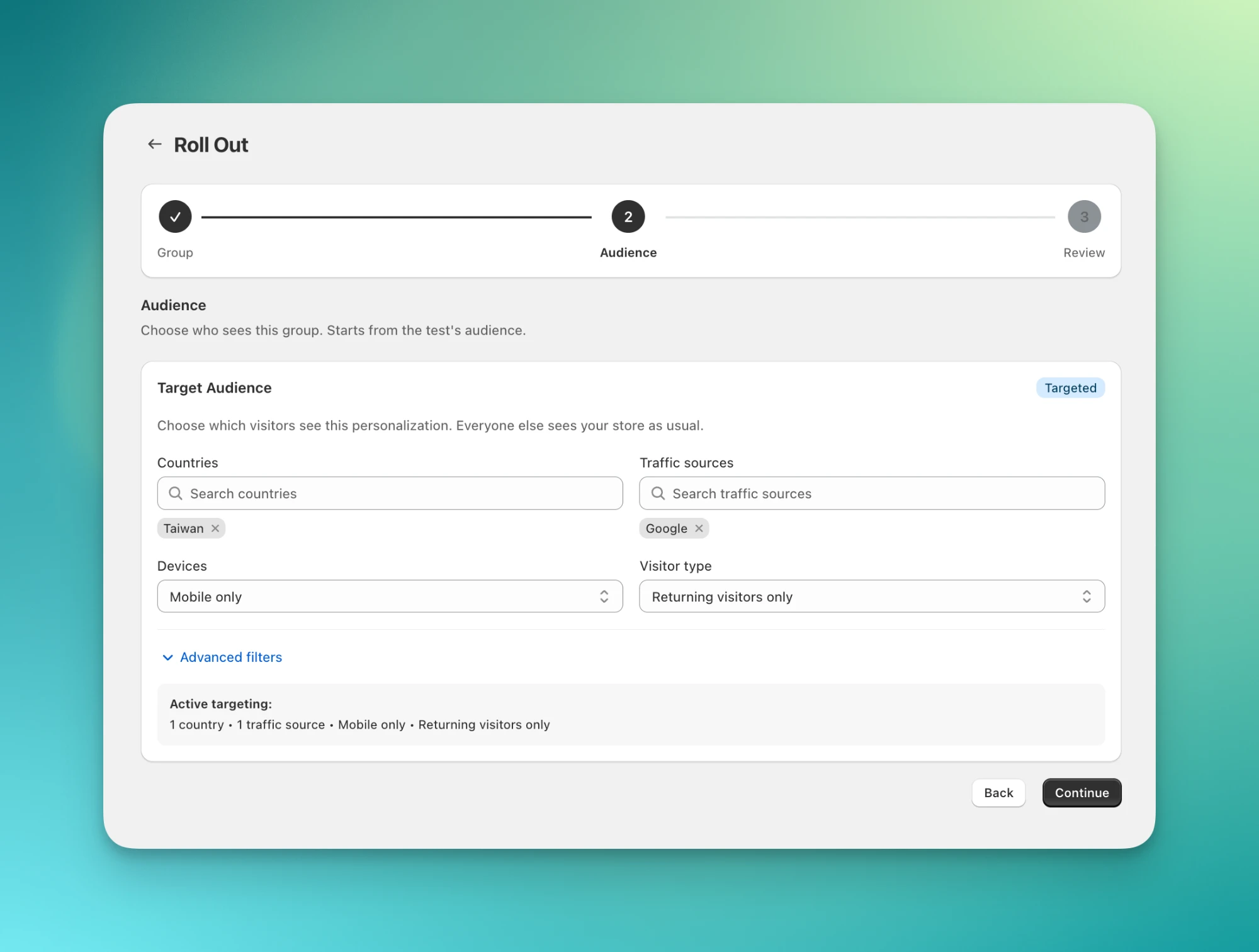 Audience step with country, traffic source, device, and visitor type filters