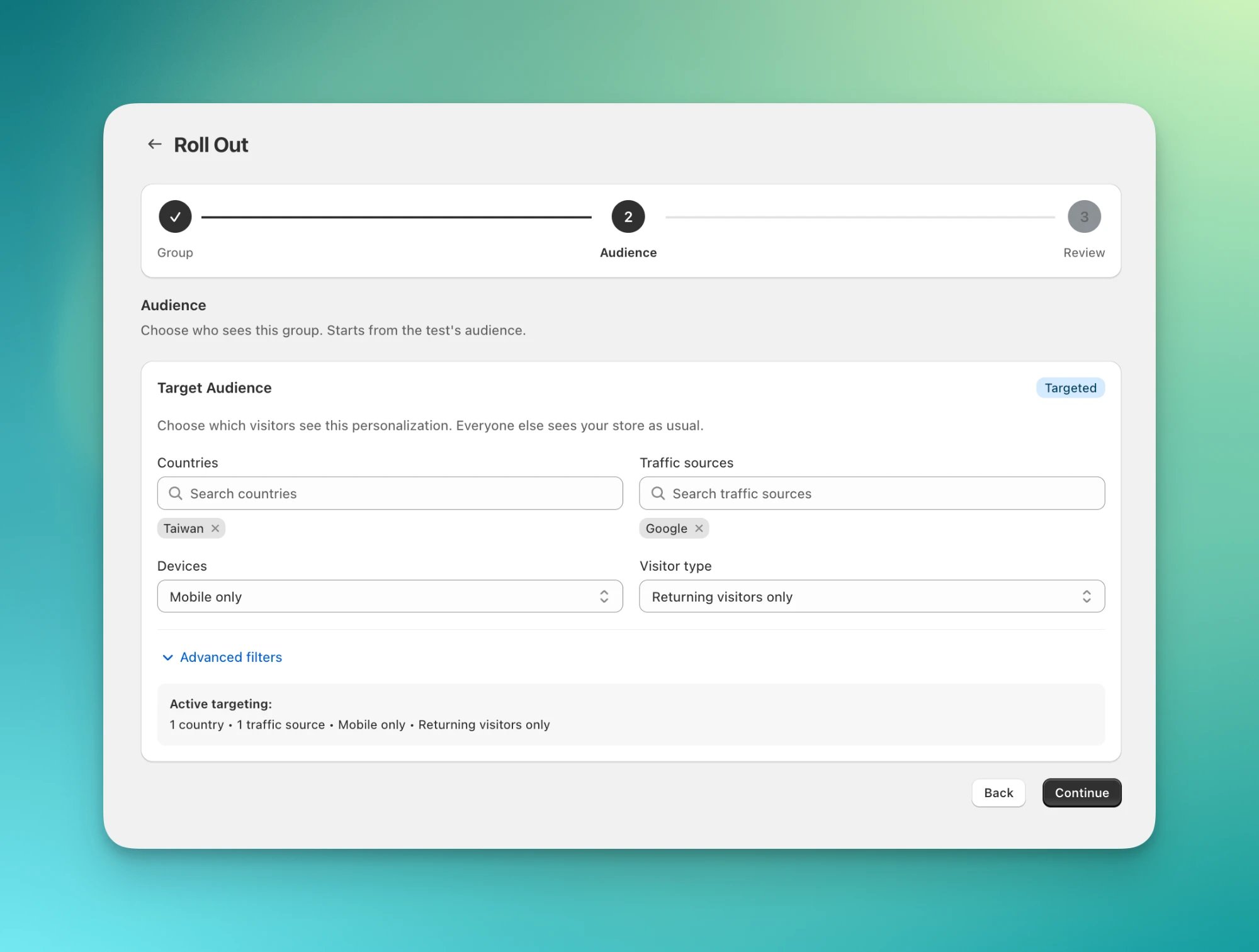 Audience step with country, traffic source, device, and visitor type filters