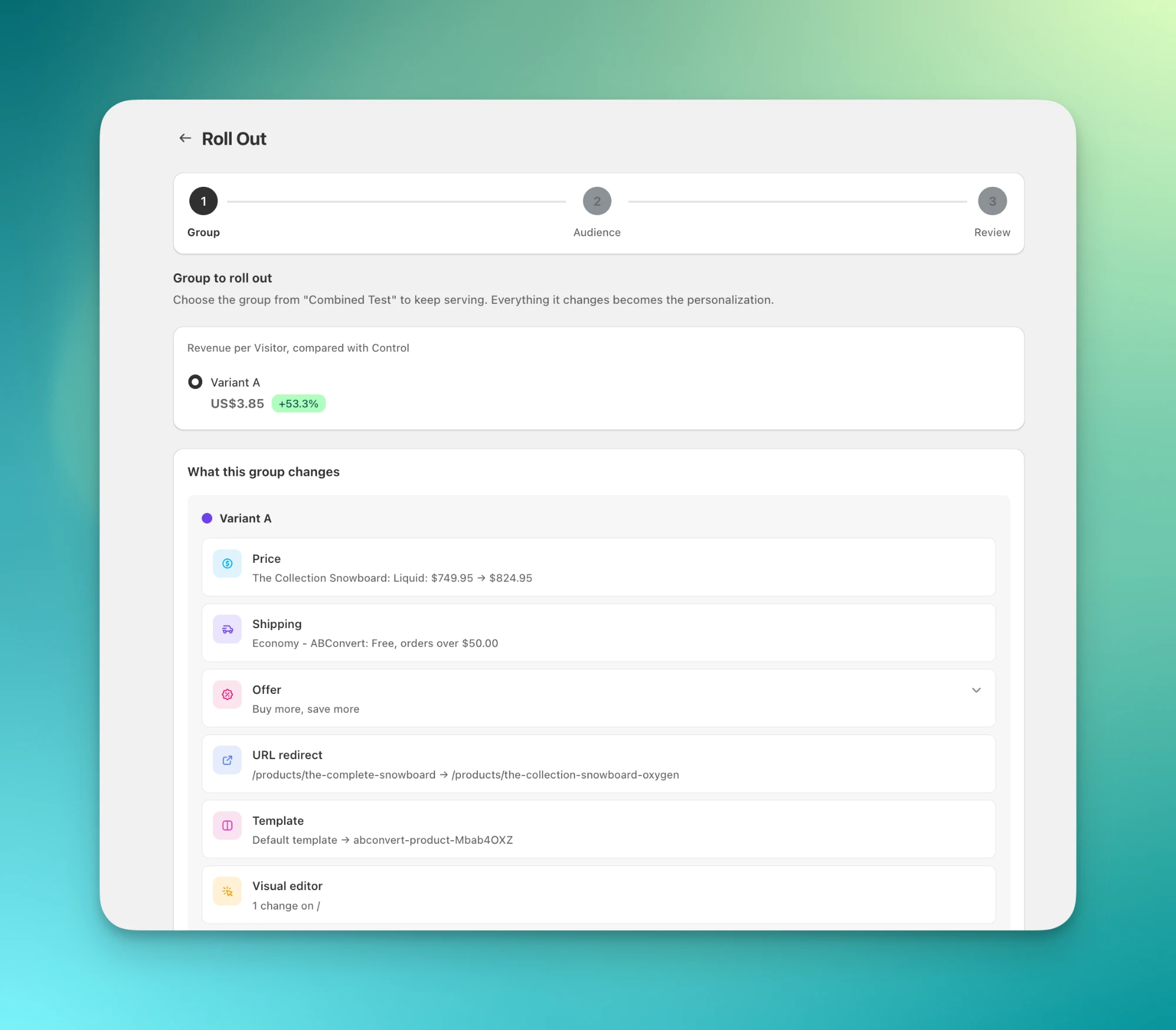 Roll out dialog with the test group picker