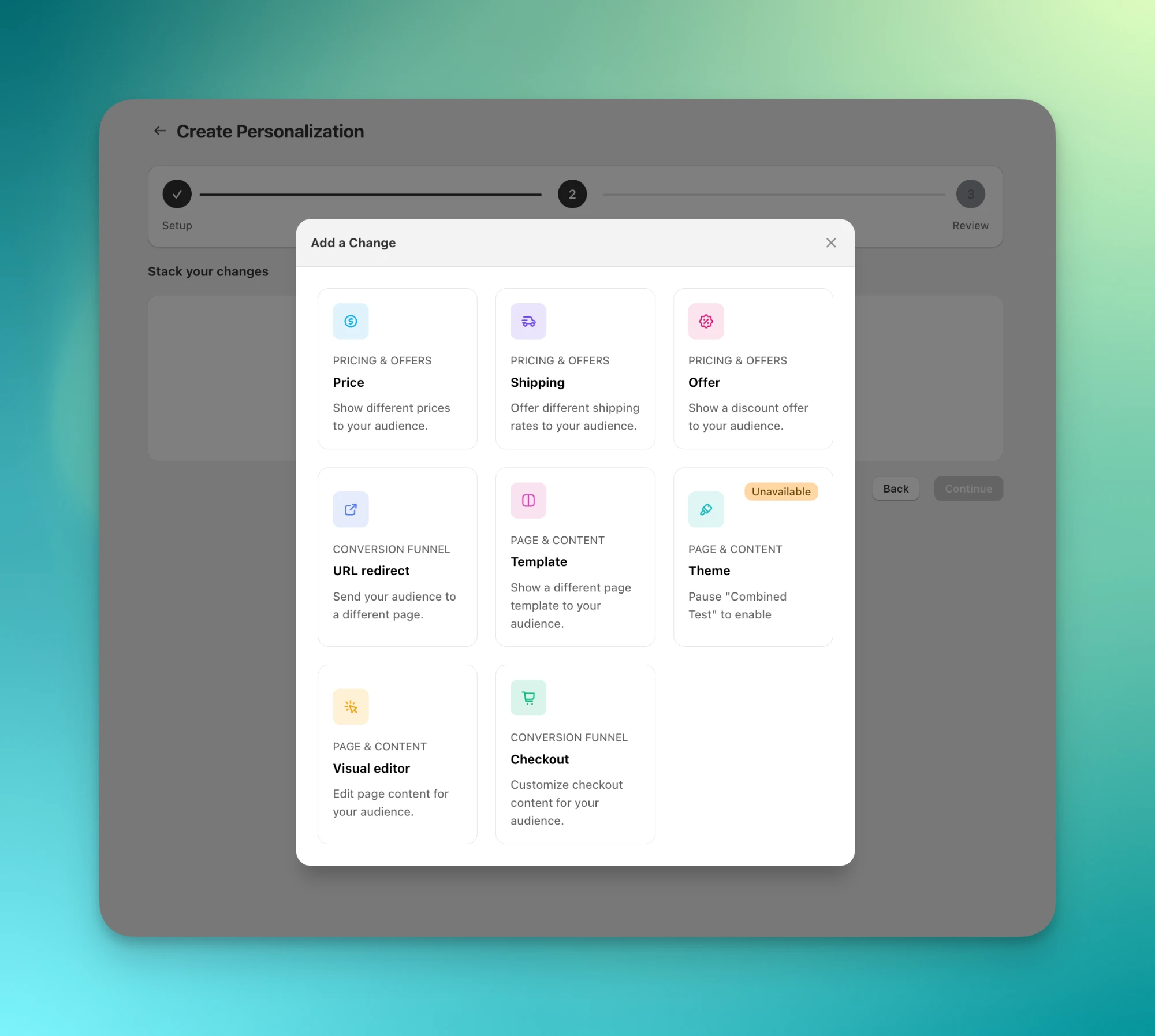 Add a Change modal with the change type cards