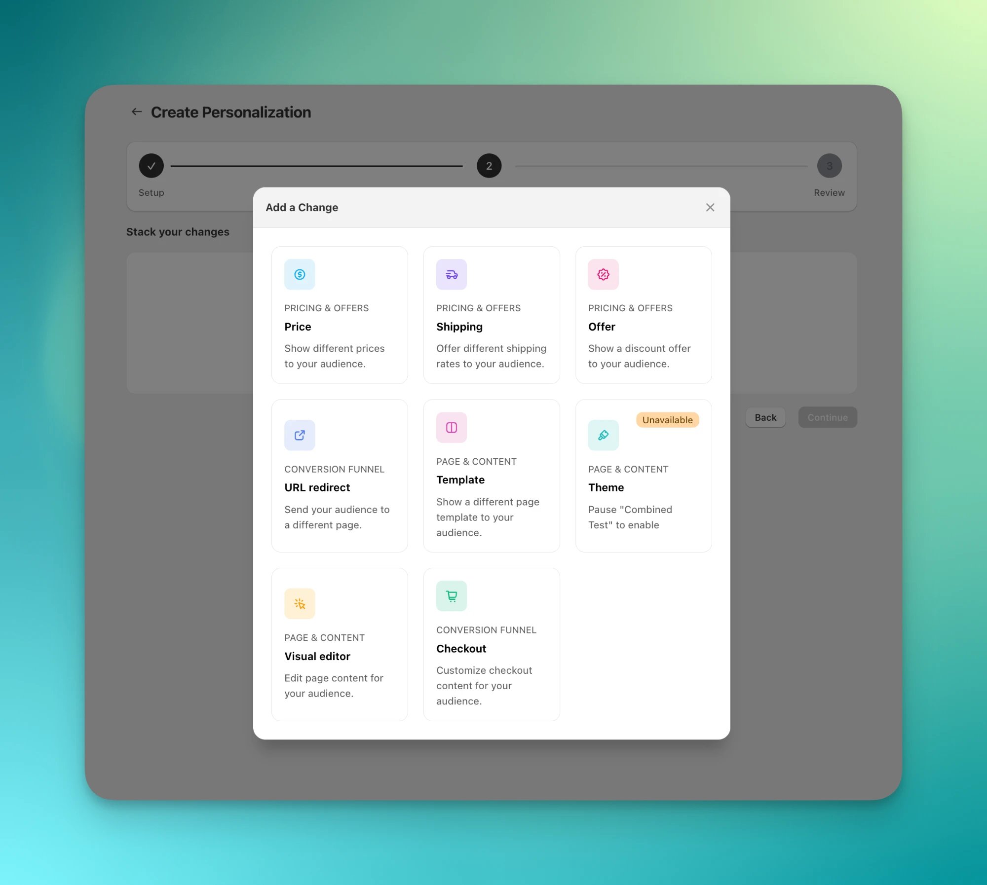 Add a Change modal with the change type cards