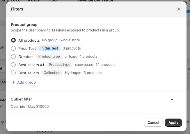 Filters modal showing the Product group picker with All products, an In this test group, and a collection group