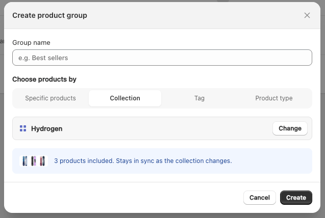 Create group form with the Collection source selected and a product preview below