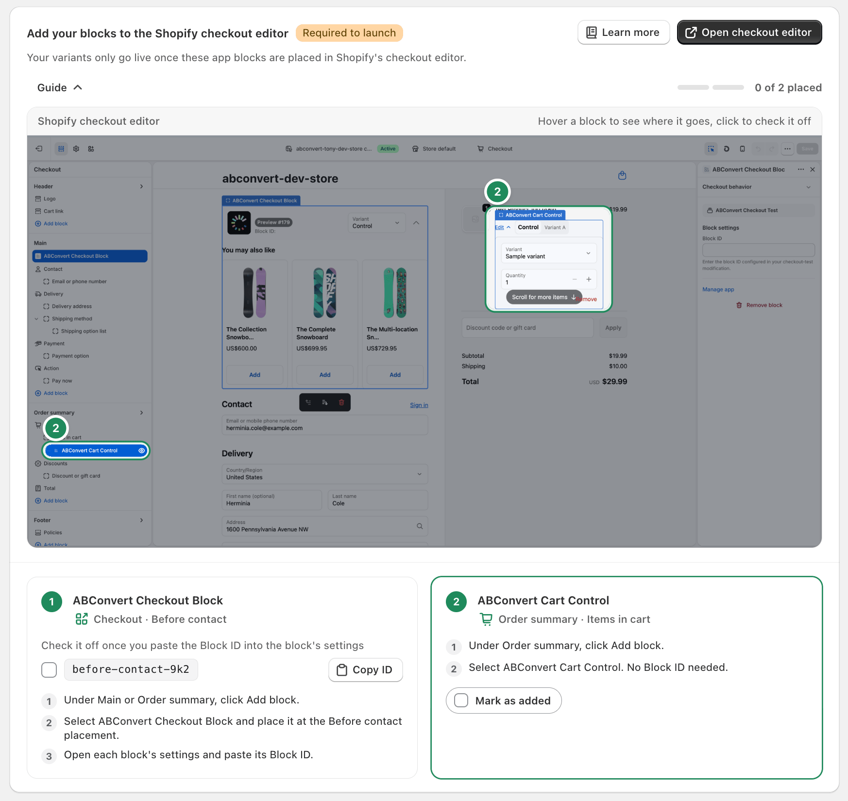 Add your blocks card with the ABConvert Cart Control highlighted, its Mark as added toggle, and the editor guide spotlighting the cart lines in Order summary
