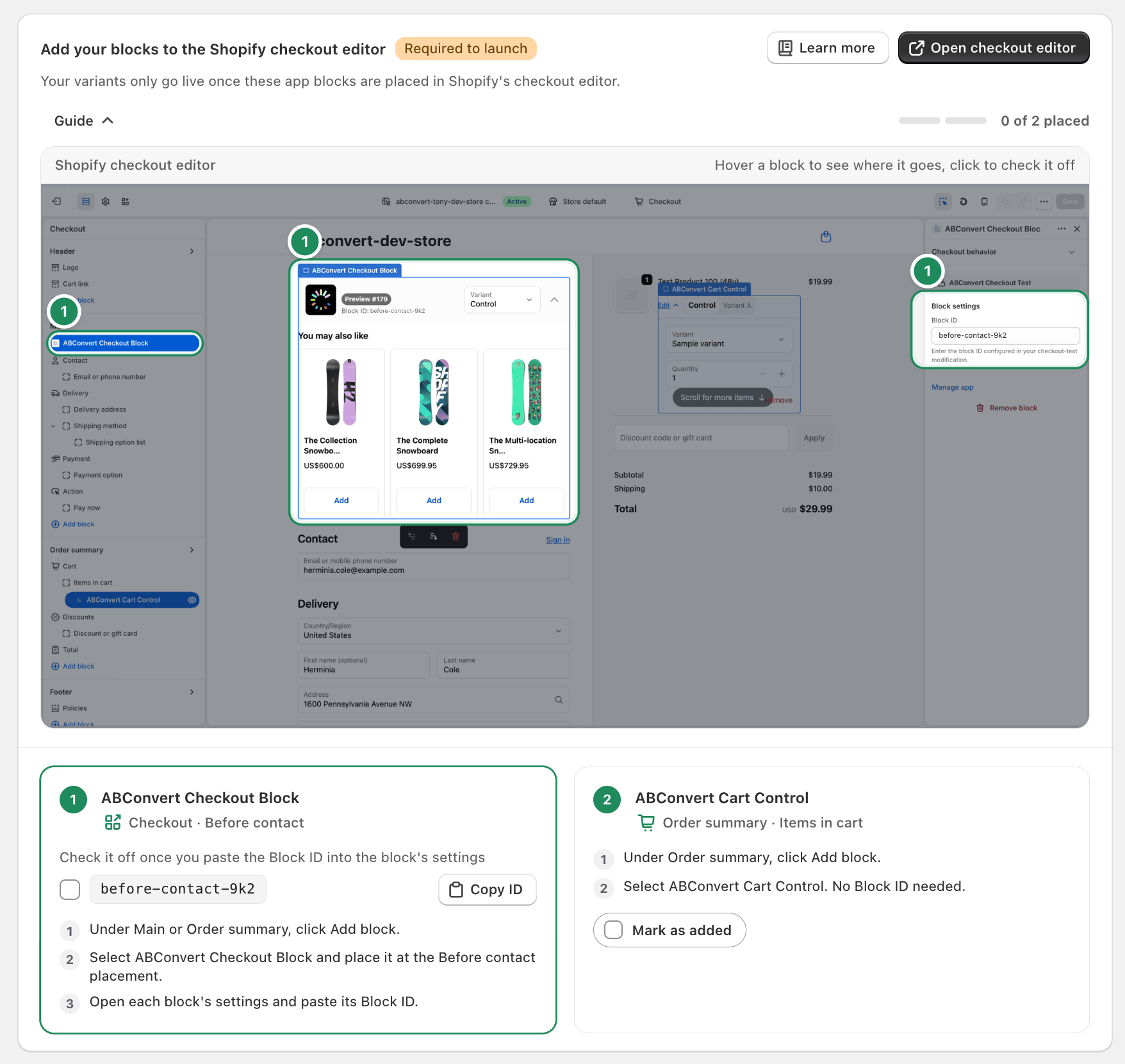 Add your blocks card with the ABConvert Checkout Block highlighted, its Block ID and Copy ID button, and the editor guide spotlighting where the block renders