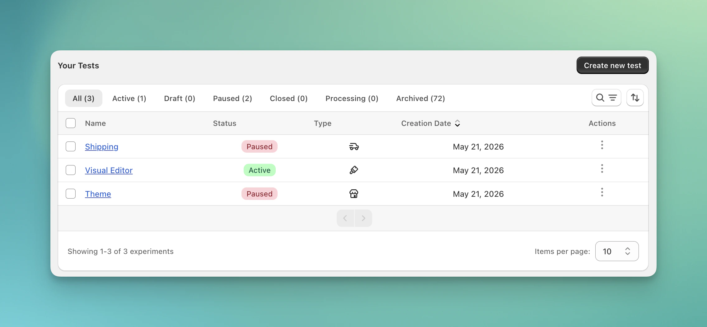 ABConvert experiment table showing test rows and where to open analytics for a specific experiment