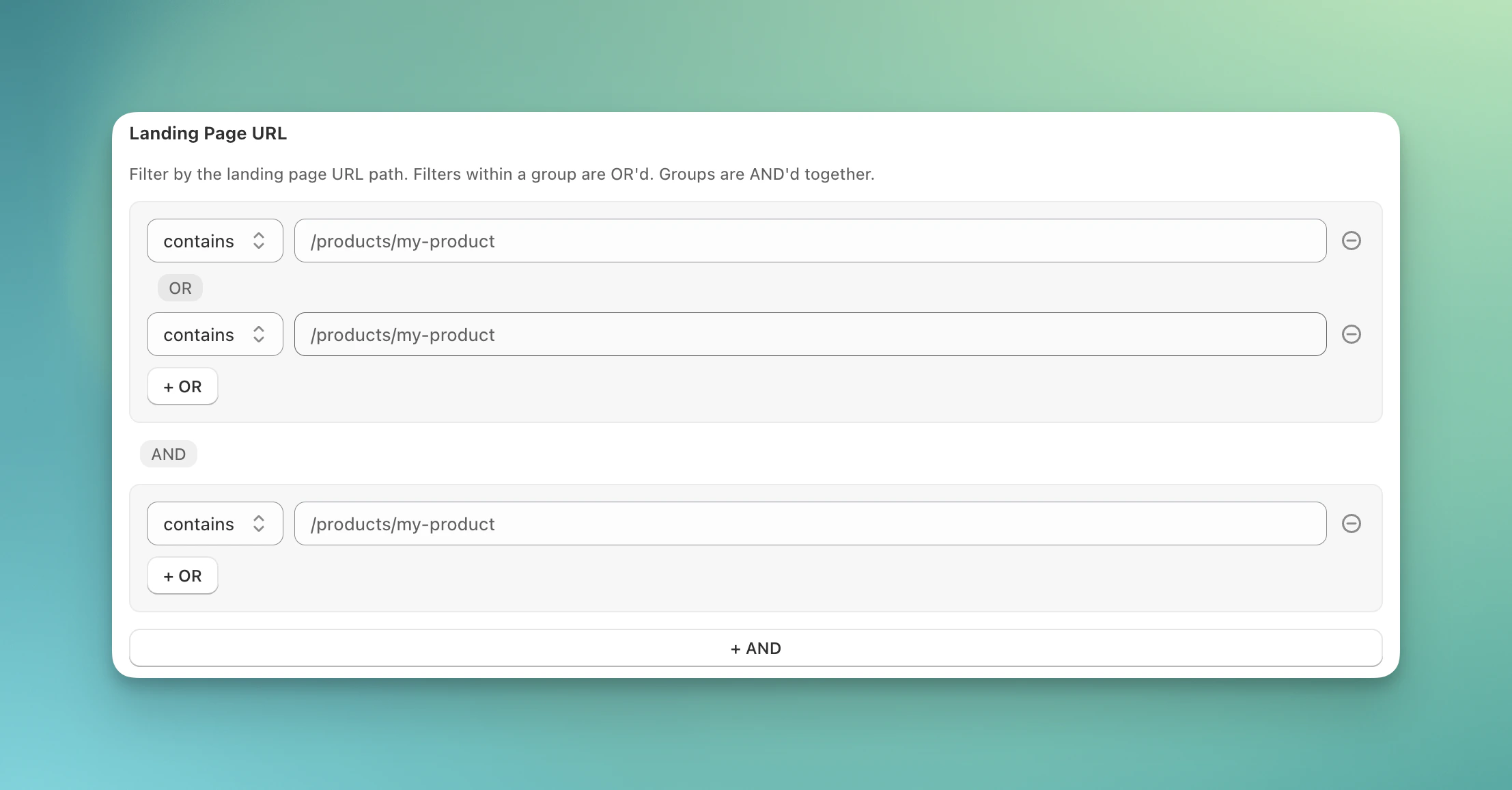 Advanced filter example showing combined landing-page conditions