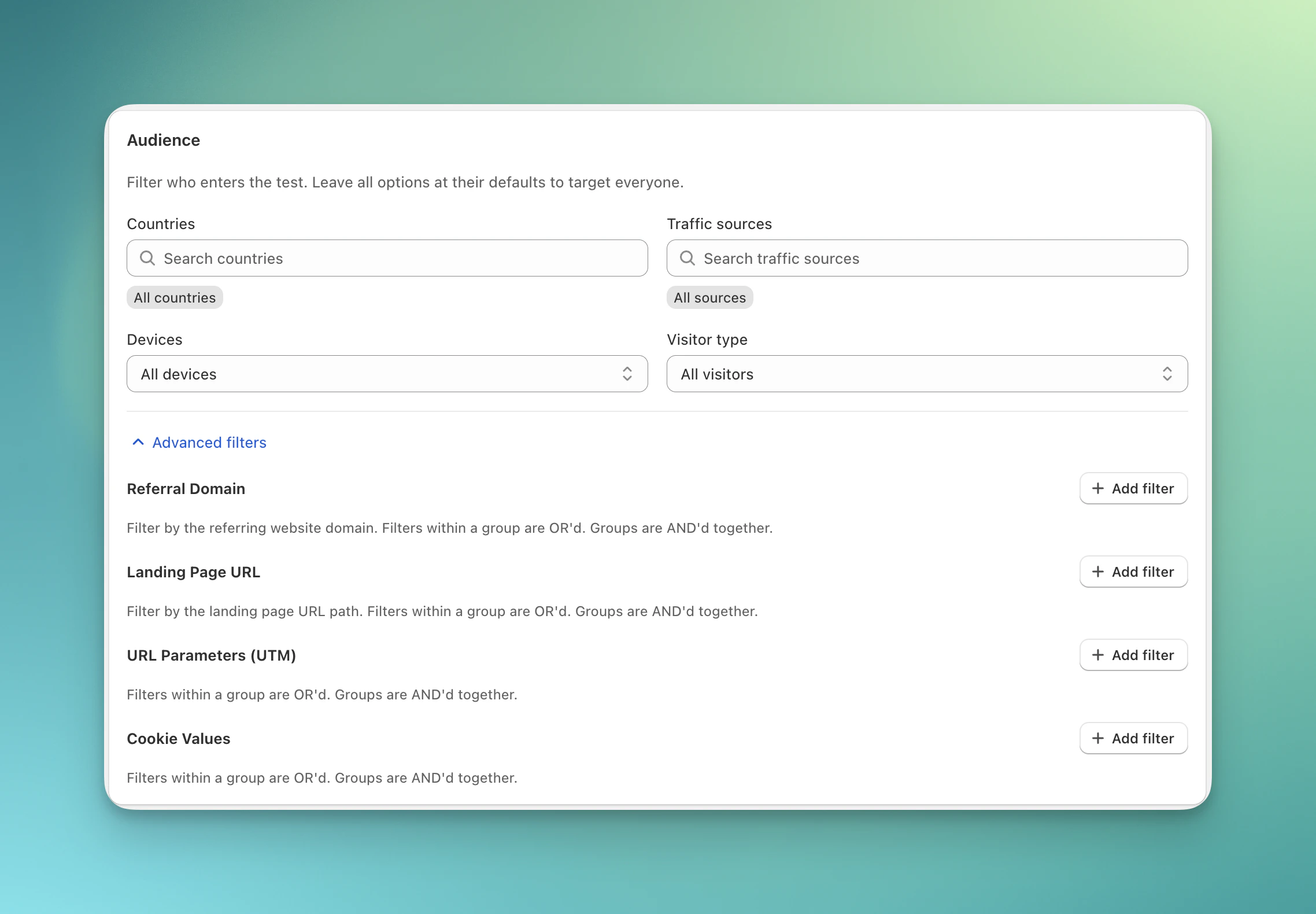 Audience filter builder with country, traffic source, device, and visitor type options