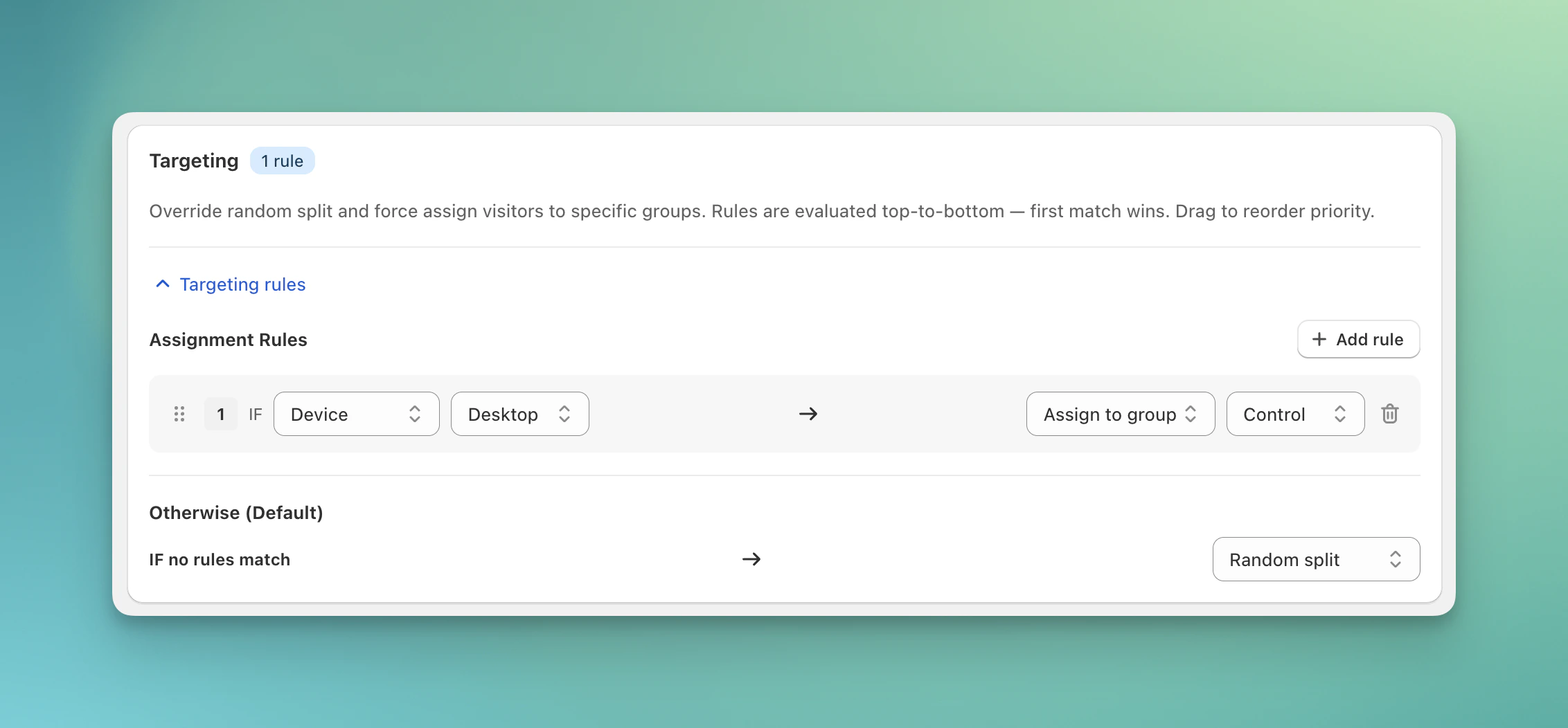 Targeting rules panel with assign, random split, and exclude actions