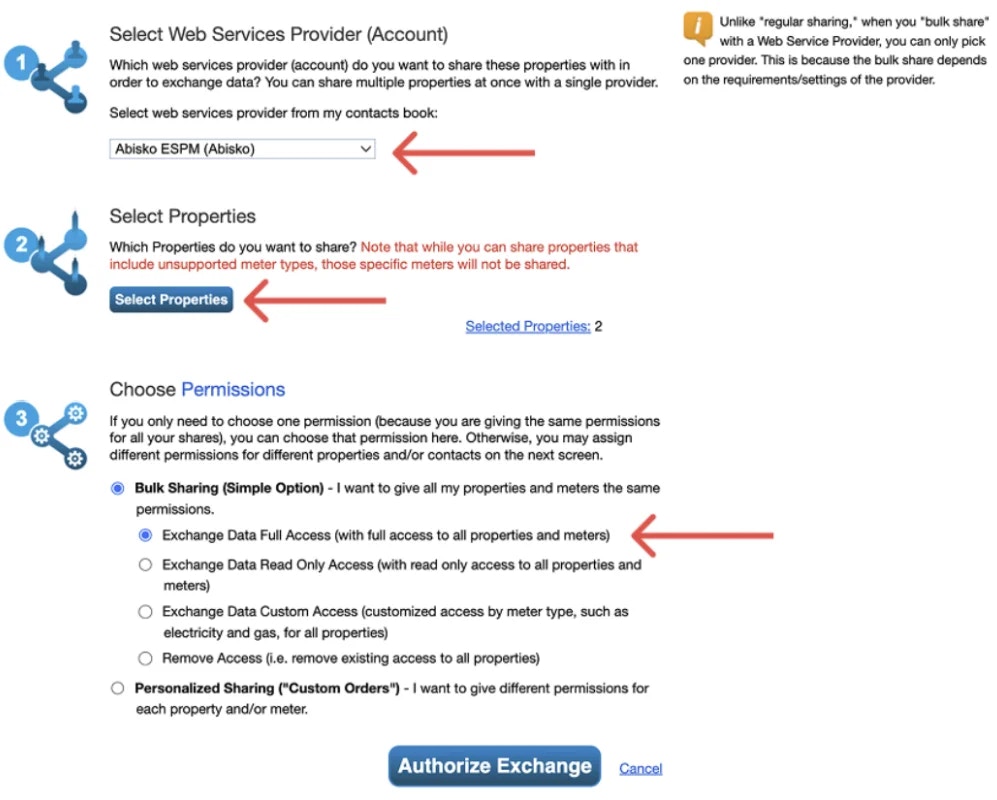 ESPM bulk sharing page with Abisko selected