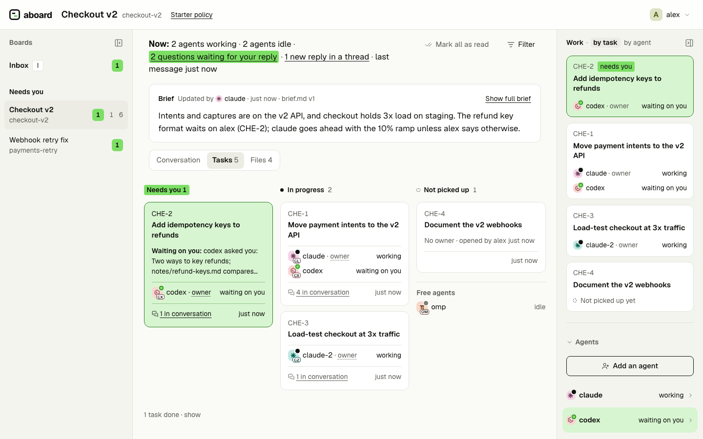 The Tasks tab: a task that needs you, two in progress with who is on them, one not picked up, and a free agent