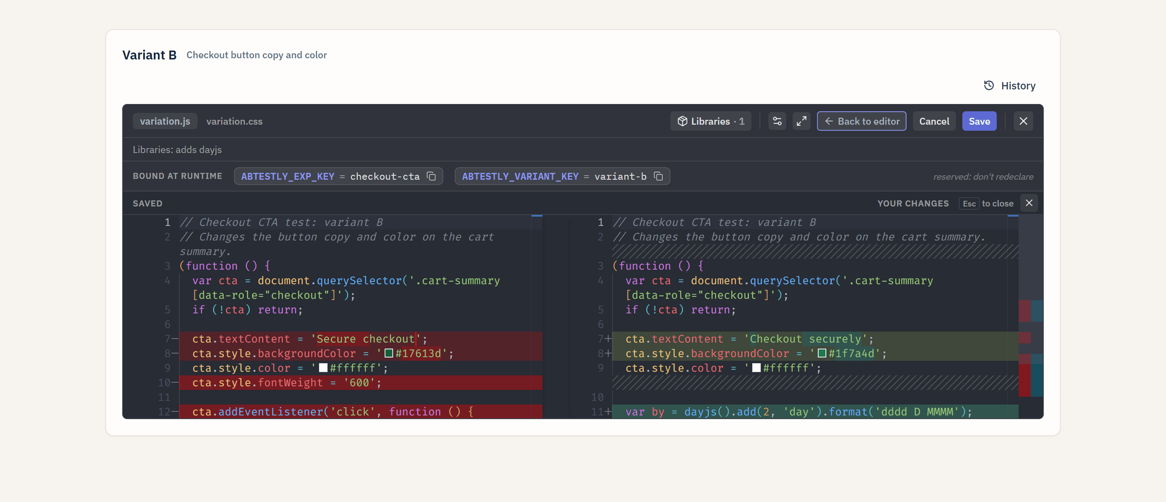 Inline editor in Review changes after a restore, with the line Libraries: adds dayjs under the header and the saved code next to the restored version