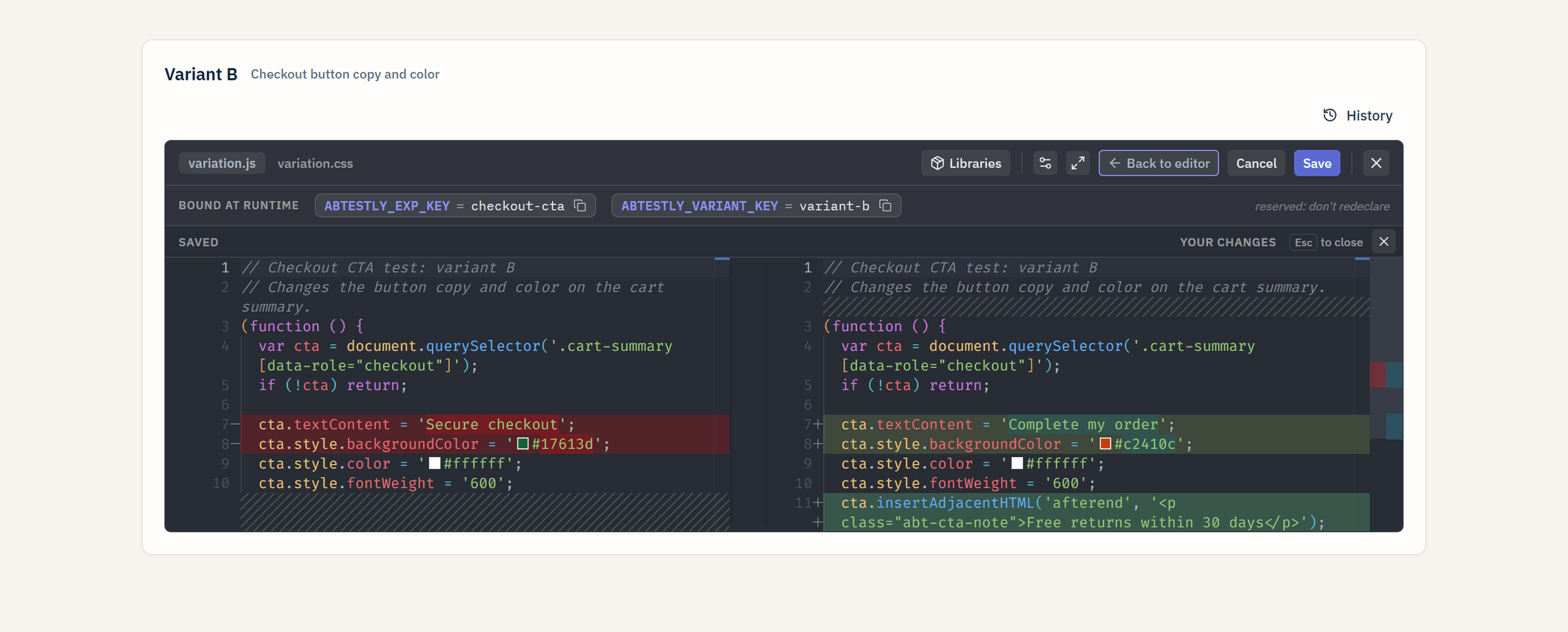 Inline editor in Review changes, with the saved variation.js on the left and unsaved changes on the right, changed lines highlighted