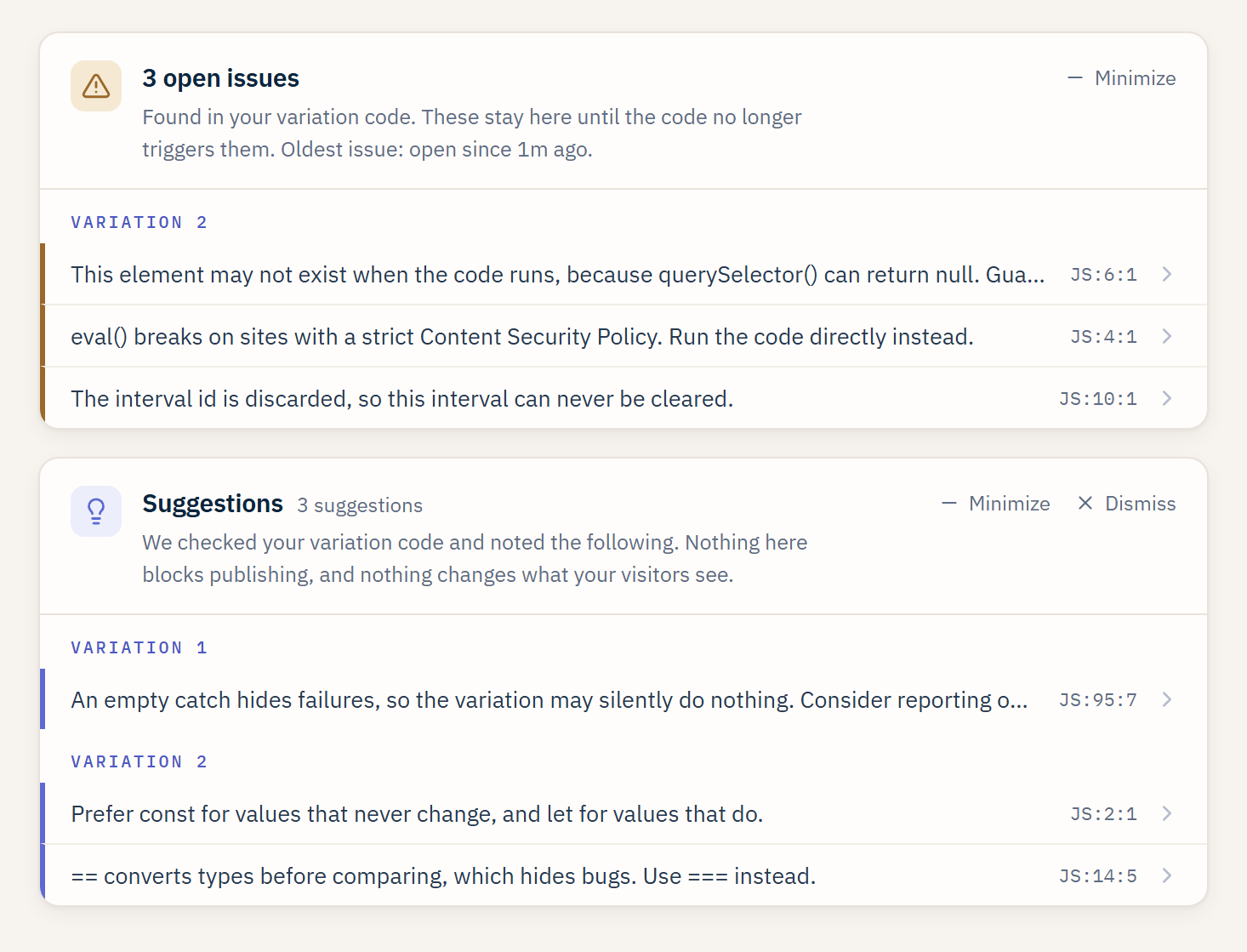 Code check panel showing Issues and Suggestions grouped by variation