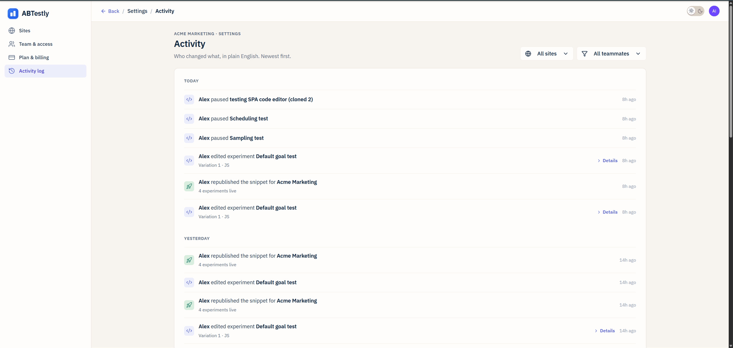 Activity log