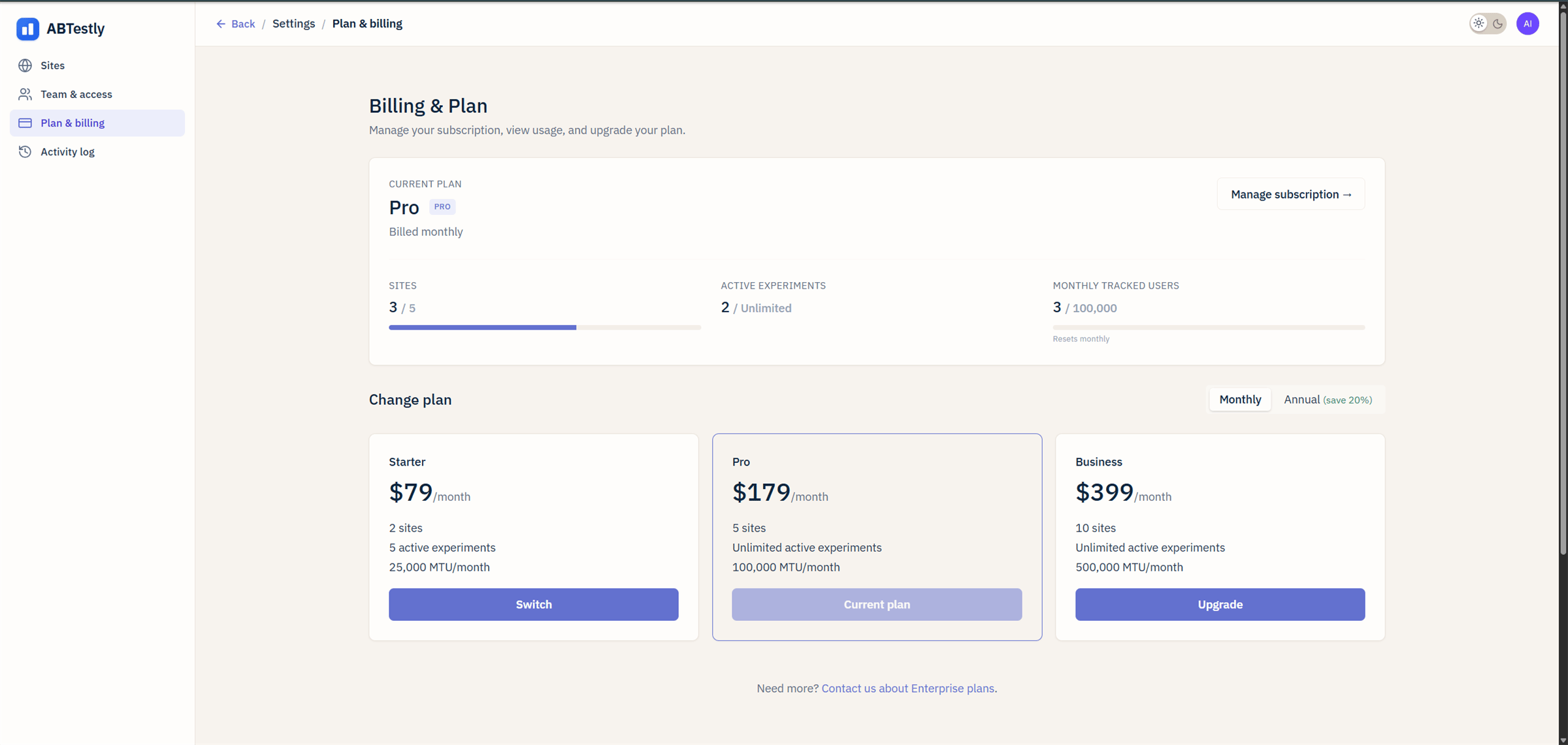 Billing page