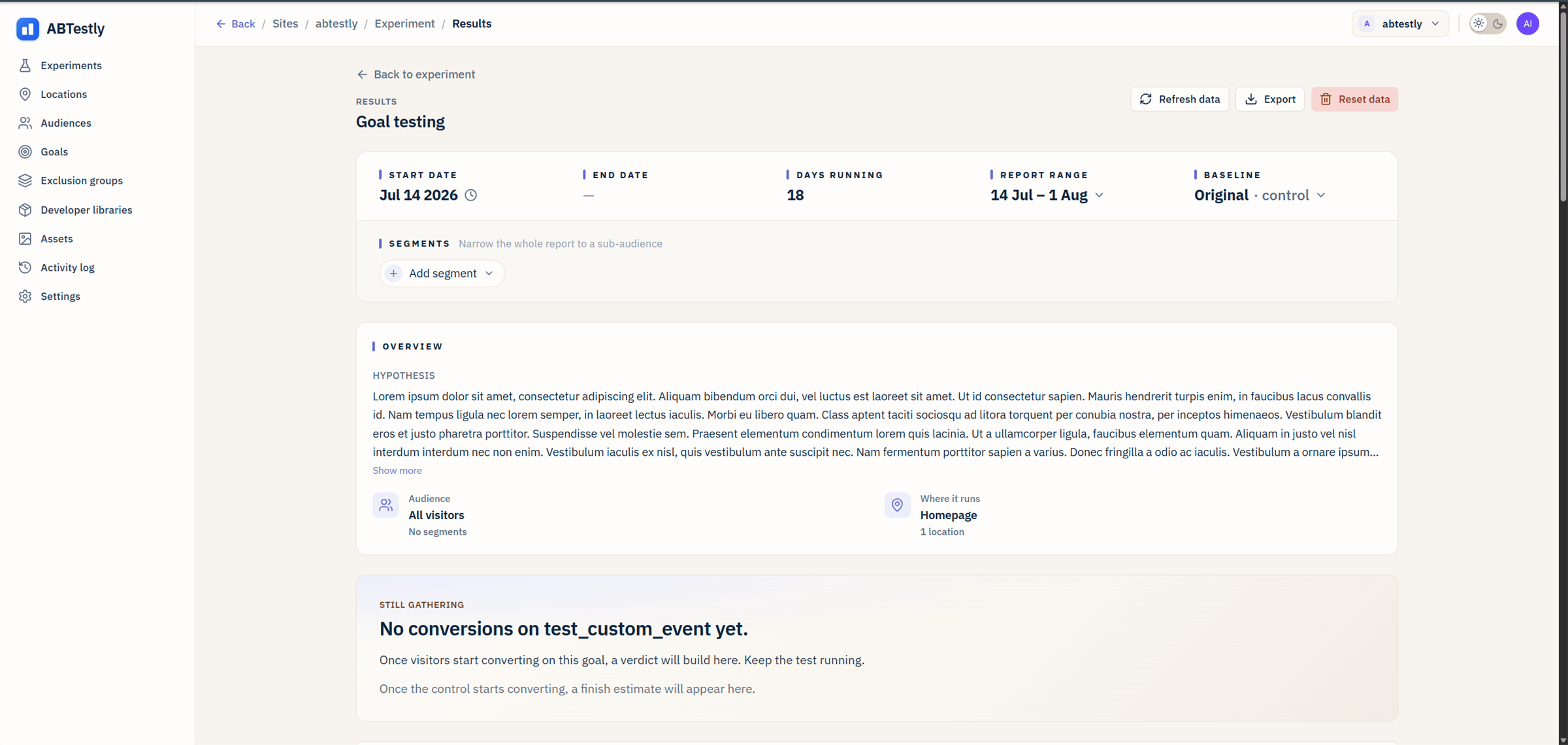 Results page for a live experiment