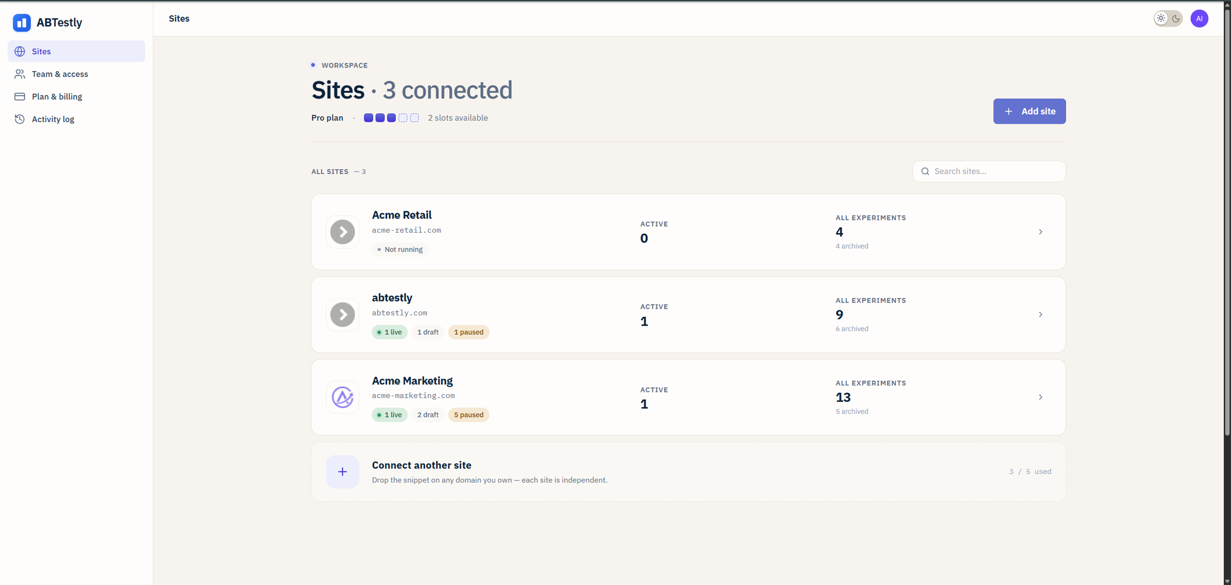 The Sites screen with a workspace of three connected sites