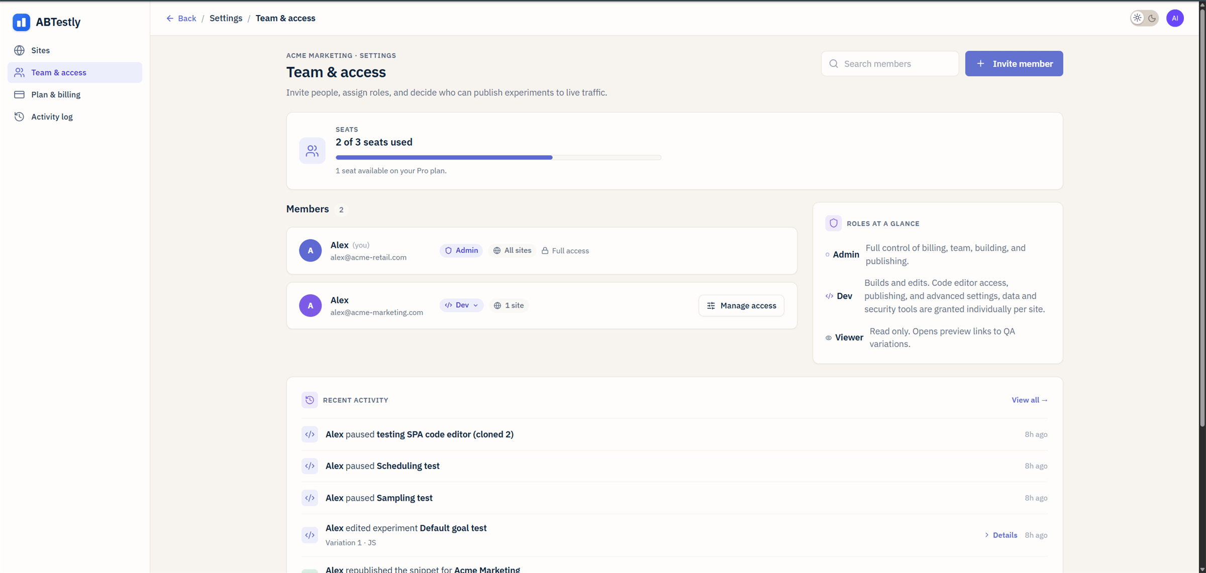 Team & access page with two members