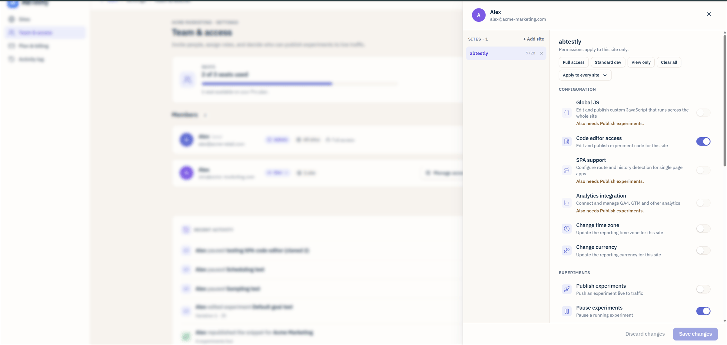 Manage access drawer